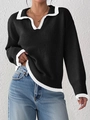 Detail of a black polo knit sweater with white contrast collar and cuffs on a model - S / Tops / Black