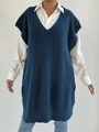 Detail view of V-neck knitted sweater vest with side slits and vertical stripe texture - One Size / Tops / Navy Blue