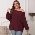 Plus size μπορντό πλεκτό πουλόβερ με έξω τους ώμους και φαρδιά μανίκια νυχτερίδα - 0XL / Μπορντό
