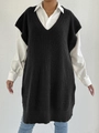 Close-up detail of black loose V-neck knit long sweater vest with vertical texture - One Size / Tops / Black
