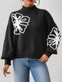 Pull noir à col montant pour femme avec broderies fleurs blanches et manches longues - S / Noir