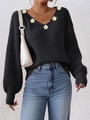 Jersey negro de punto con cuello en V para mujer, flores 3D y mangas abullonadas - S / Tops / Negro