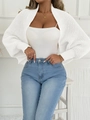 Close-up of white knit hollow shoulder shrug with detailed mesh texture and bubble sleeves - One Size / Tops / White