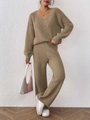Detailed texture of khaki V-neck knit sweater and wide-leg trousers two-piece set - S / Camel