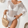 Boho white crochet beach cover-up with V-neck, long sleeves and side slits in knit texture - One Size / White