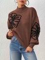 Pull marron à col montant avec broderies florales 3D et manches lanternes chic - S / Marron