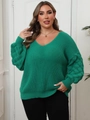Detail of green V-neck plus size sweater featuring unique textured knit pineapple sleeves - 0XL / Green