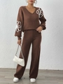 Brown V-neck knit sweater set with white floral embroidery and wide-leg pants - S / Top And Bottom / Coffee Set