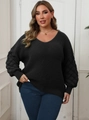 Plus size dark grey V-neck knit sweater with lantern sleeves and textured knit pattern - 0XL / Black