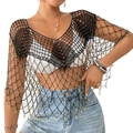 Schwarze Häkel-Strandtunika mit Goldperlen, lockerer V-Ausschnitt Poncho für Damen - Schwarz Goldperlen