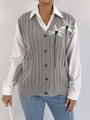 Detail of cable knit texture and 3D daisy flowers on a grey V-neck cardigan vest - One Size / Tops / Gray