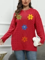 Maglione in maglia rossa con ricami floreali colorati e girocollo da donna - 0XL / Rosso