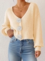 Cream knit cardigan for women with large 3D white flower buttons and V-neckline - S / Apricot