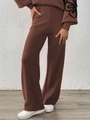 Detail of brown knitted wide-leg pants with elegant floral embroidery on the sleeve - S / Top And Bottom / Coffee
