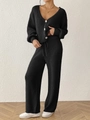 Dames tweedelige zwarte gebreide set met vest met V-hals en geribbelde broek met wijde pijpen - S / Zwart