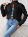 Suéter de punto negro para mujer con cuello alto y parches de flores de ganchillo - S / Tops / Negro