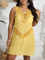 Detail of yellow crochet patchwork knit on a bohemian V-neck beach cover-up dress - L / Top And Bottom / Yellow