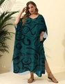 Detail of dark green plus size kaftan with black spiral print and side slit design - One Size / F885 Dark Green