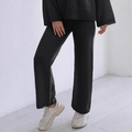 Damen Strickset in Schwarz mit High Waist Hose mit weitem Bein und Langarm Oberteil - S / Schwarz