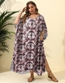 Detail of plus size kaftan maxi dress featuring brown tie-dye circles and side slit detail - One Size / F884 Maroon