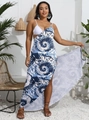 Plus size blue and white swirl print irregular beach dress with side slit and strappy top - 0XL/L / Blue