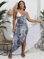 Plus size beach cover up dress with blue animal print and irregular hem design - 0XL/L / Blue