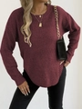 Women's casual crew neck burgundy knit sweater with curved hem and loose long sleeves - Burgundy