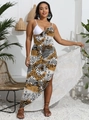 Women's leopard print irregular hem maxi beach dress with waist cut-outs and animal patterns - 0XL/L / Yellow