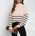 Close-up of women's beige striped knit sweater featuring a half-zip neckline with ring puller - One Size / Apricot