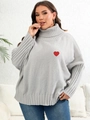 Detail of red heart patch on grey oversized high neck knit sweater for women - 0XL/L / Tops / Gray