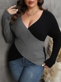 Detail view of plus size wrap sweater with deep V-neck and contrasting color knit texture - 1XL / Tops / Gray