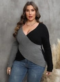 Detail of plus size v-neck sweater showing the grey color block and knit texture - 1XL / Gray
