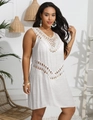 Close-up of intricate crochet lace details on a white sleeveless beach cover-up dress - L / Top And Bottom / White