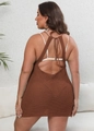 Detail of plus size backless crochet mini dress with tie-up straps and knit texture - S / Tops / Caramel color