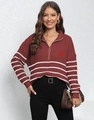 Deep red striped knit sweater with half-zip collar and heart patch in a loose fit - One Size / Wine Red