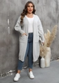 Detail of light gray long knit cardigan featuring functional side patch pockets - 1XL / Gray
