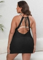 Detail of black crochet dress featuring an open back design and adjustable neck tie - S / Tops / Black