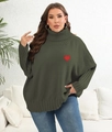 Detail of red heart embroidery on the chest of a loose olive green knit sweater - 0XL/L / Tops / Army Green