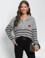 Women's grey quarter-zip striped knit sweater with red heart embroidery and loose fit style - One Size / Gray