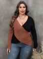 Plus size long sleeve V-neck knit sweater with asymmetric brown and black color block - 1XL / Brown