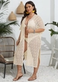Cache-maillot de plage bohème blanc cassé au crochet avec fentes latérales et manches courtes - Taille unique / Abricot