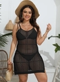 Schwarzes Häkel-Strandkleid in Übergröße mit durchbrochenem Muster und Seitenschlitz - S / Schwarz