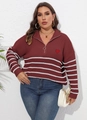 Damen Strickpullover in Burgund mit weißen Streifen, Halbreißverschluss und Herz-Stickerei - Burgunderrot