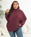 Oversized wine red turtleneck sweater with red heart embroidery and ribbed cuffs - 0XL/L / Tops / Burgundy