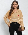 Women's yellow striped knit sweater with half-zip collar and heart embroidery - One Size / Yellow