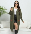 Close-up of olive green knit cardigan featuring large pockets with red heart embroidery - One Size / Army Green