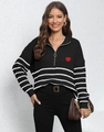 Detail of black knit sweater with half-zip collar and red heart embroidery on the chest - One Size / Black