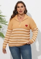 Maglione a righe con mezza zip da donna in arancione vivace e toppa a cuore rosso - 0XL/L / Top / Giallo