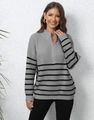 Close-up of the striped knit texture and half-zip collar on a casual gray sweater - One Size / Gray