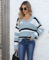 Detail of V-neck loose knit sweater with color-blocked stripes in blue, white, and black - One Size / Tops / Light Blue